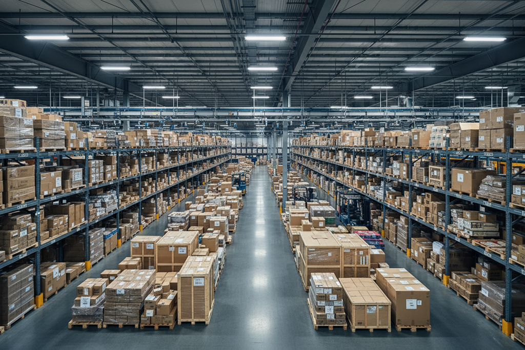 image en mode paysage , entrepôt ou se trouve plein de colis de toutes tailles - Guiguiexpress