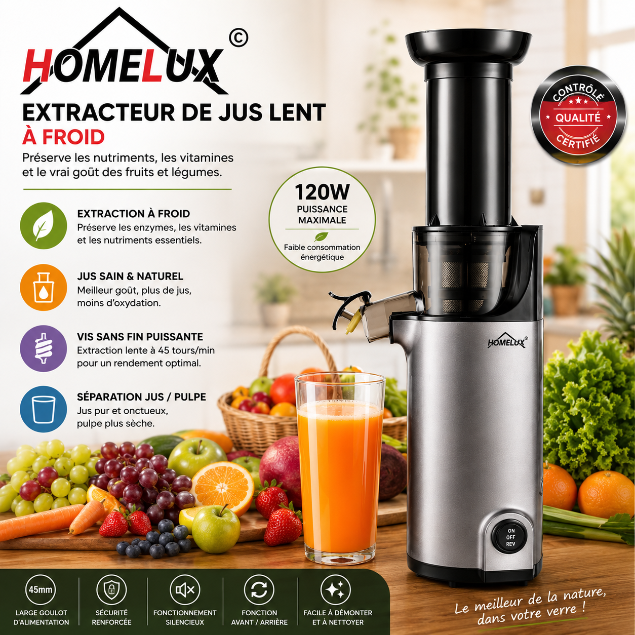 Extracteur de Jus Lent HOMELUX 120W – Pression à Froid | Slow Juicer